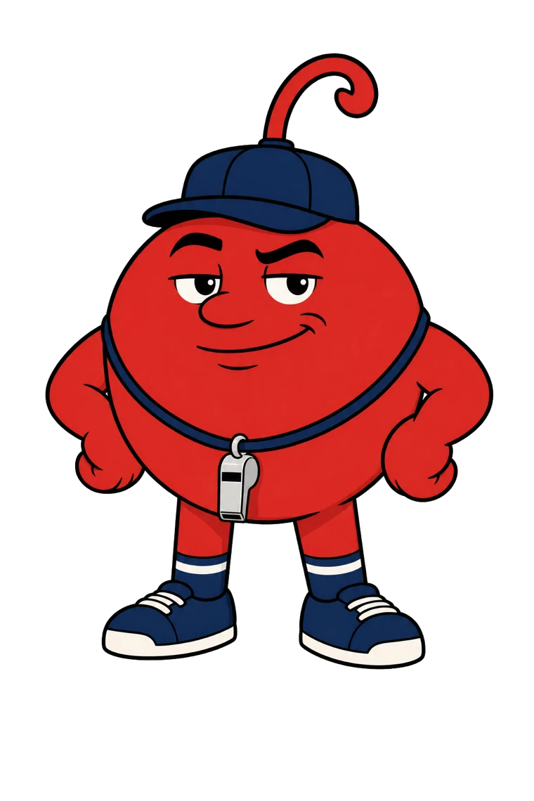 Coach Cherry, the Gout Coach mascot — a confident cartoon tart cherry wearing a navy coach's cap and whistle.