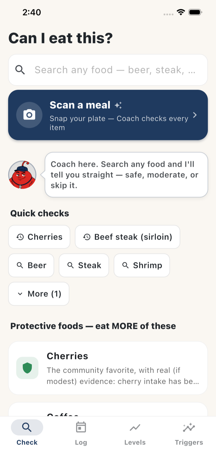 Gout Coach 'Can I eat this?' home screen with a food search bar, Scan a meal button, quick checks, and protective foods.