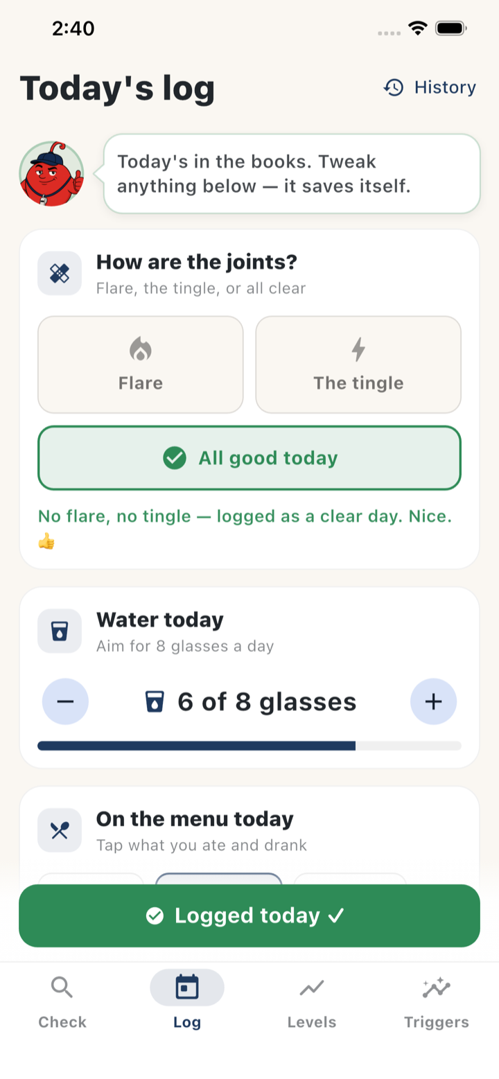 Gout Coach daily log screen: joints, water intake, and an 'All good today' clear-day button.